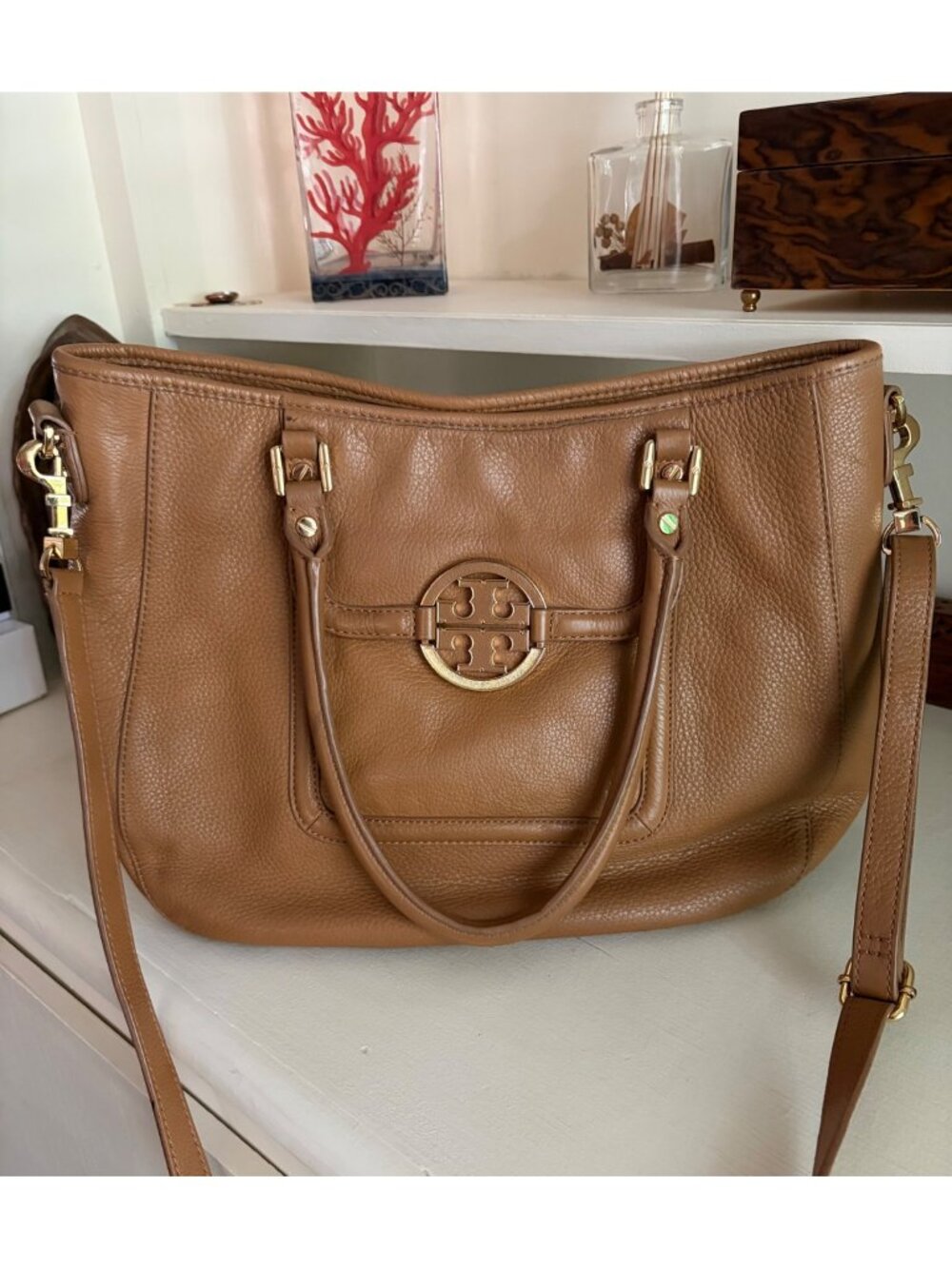 Tory Burch Amanda Tan Leather Tote Handbag Satchel